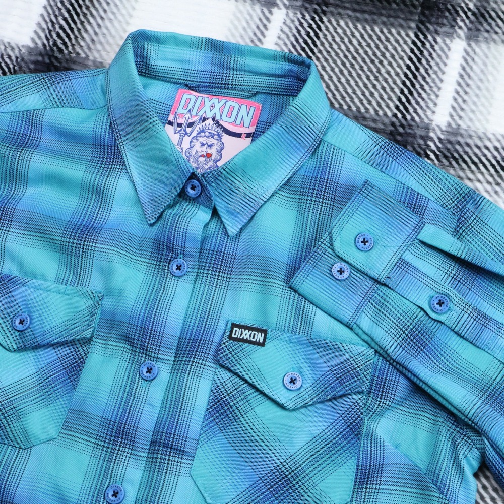 Dixxon Flannel Poseidons Kiss Blue Plaid Shirt Womens Large L Long Sleeve D-Tech